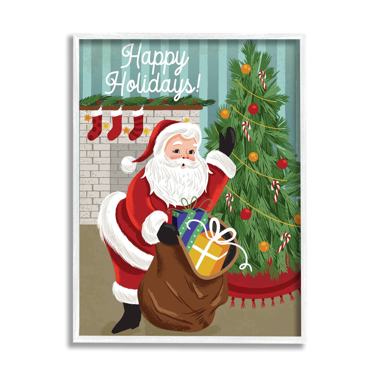 Stupell Industries Happy Holidays Santa Gift Bag Framed Giclee Art